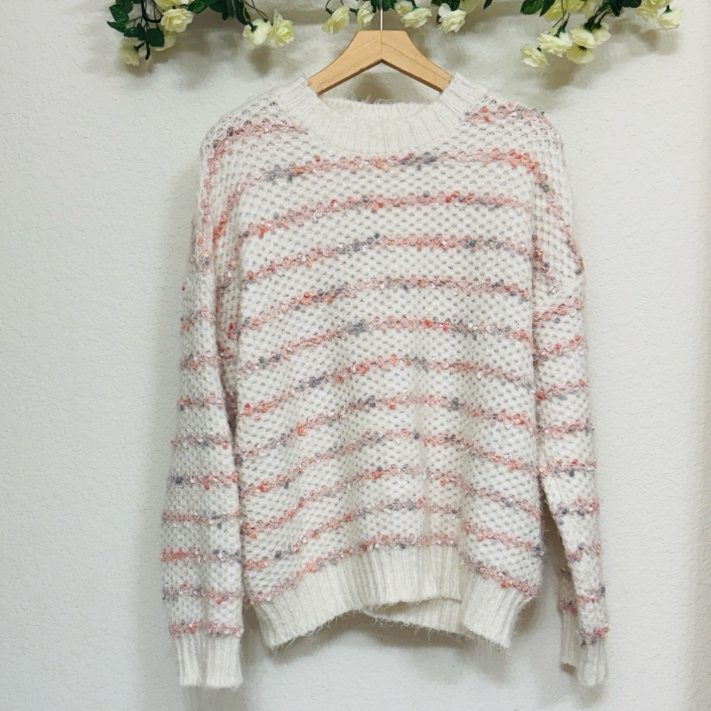 And The Why • Ivory Pink Multicolor Striped Chunky Knit Oversized Sweater